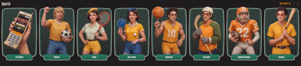 Neon54 sportfogadási felület különböző sportágak fogadási kategóriáival.